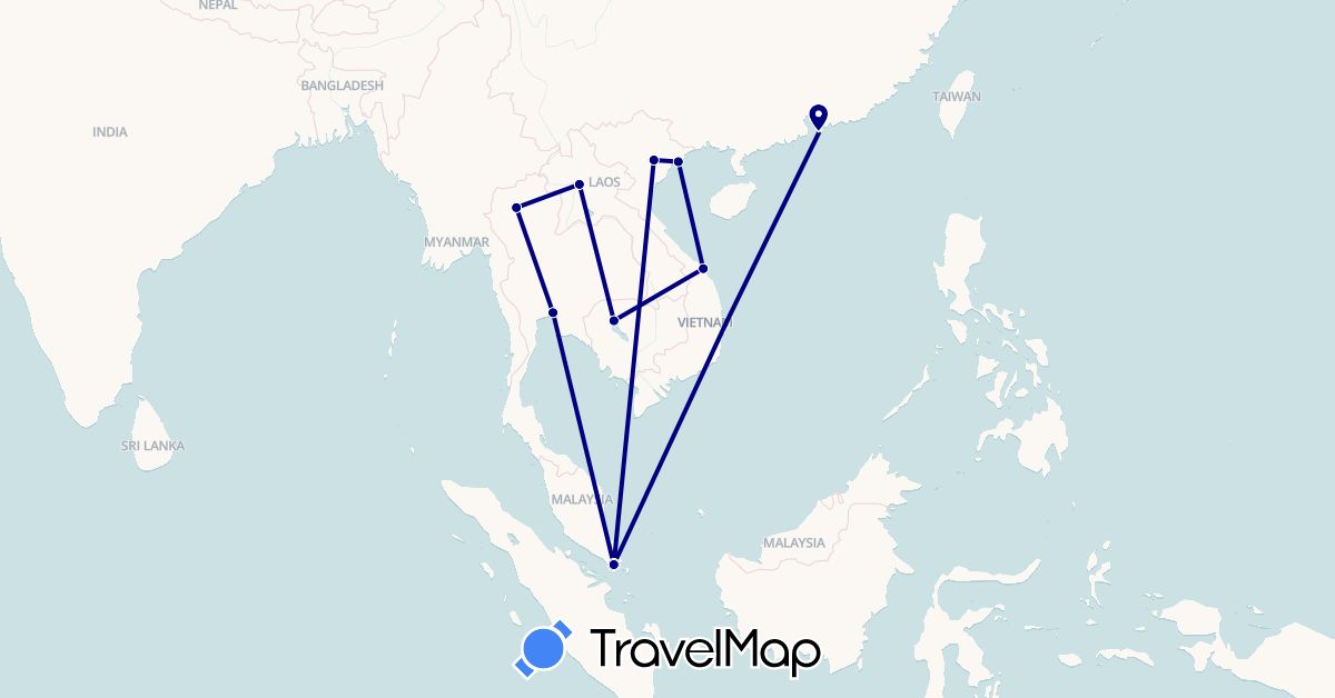 TravelMap itinerary: driving in China, Cambodia, Laos, Singapore, Thailand, Vietnam (Asia)